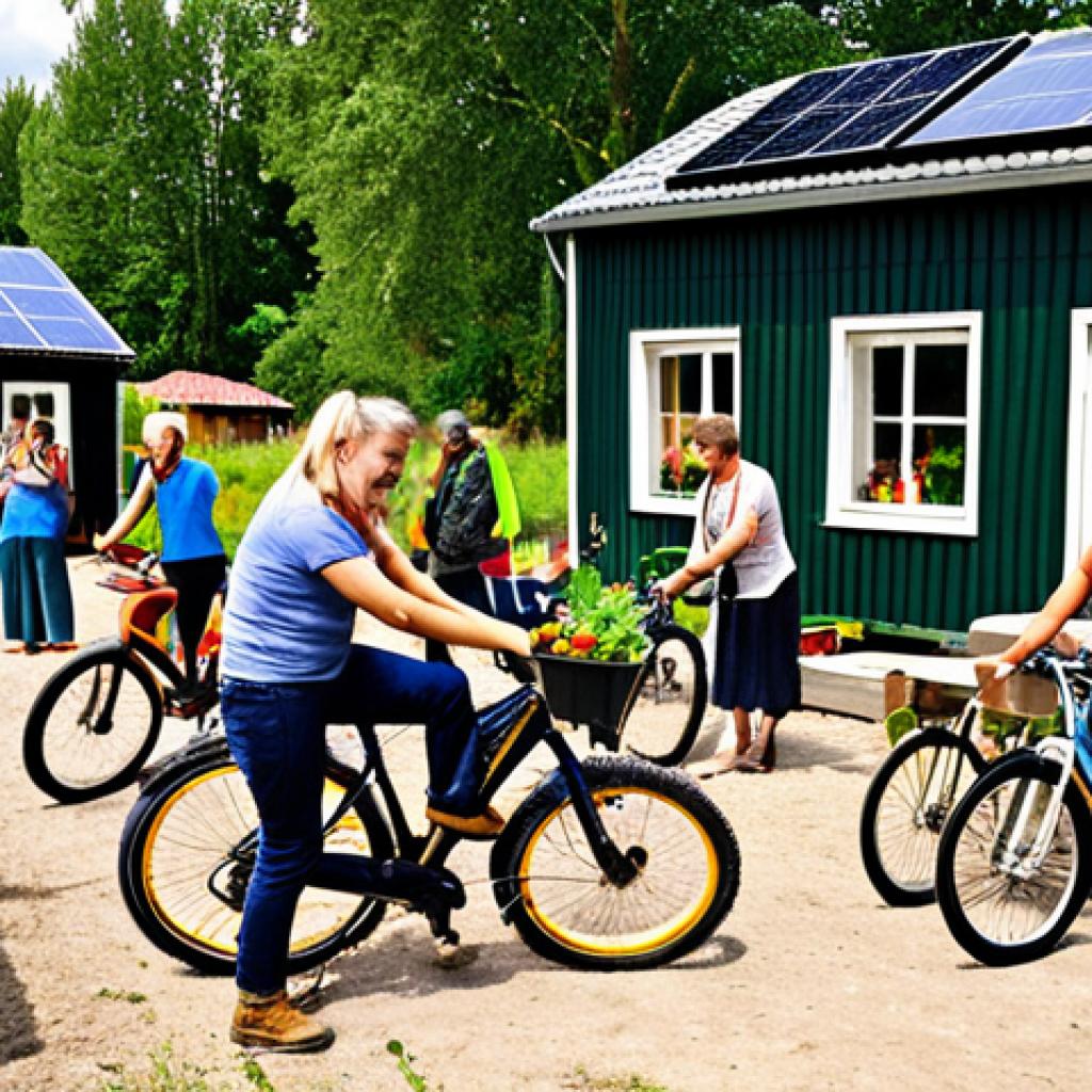 **Image Prompt:** A vibrant, modern Swedish eco-village (ekoby) scene. Show diverse people of all ages engaging in permaculture gardening, repairing bicycles at a repair café, and utilizing solar panels on community buildings. The overall aesthetic should be bright, sustainable, and reflect a strong sense of community.