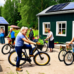 **Image Prompt:** A vibrant, modern Swedish eco-village (ekoby) scene. Show diverse people of all ages engaging in permaculture gardening, repairing bicycles at a repair café, and utilizing solar panels on community buildings. The overall aesthetic should be bright, sustainable, and reflect a strong sense of community.