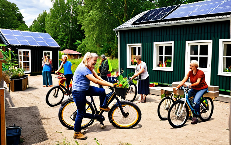 **Image Prompt:** A vibrant, modern Swedish eco-village (ekoby) scene. Show diverse people of all ages engaging in permaculture gardening, repairing bicycles at a repair café, and utilizing solar panels on community buildings. The overall aesthetic should be bright, sustainable, and reflect a strong sense of community.