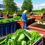 **

"A vibrant community garden in Sweden, showcasing diverse people of all ages working together. Lush green vegetables, composting bins, and solar panels are visible in the background. The scene evokes a sense of shared responsibility and joyful collaboration for a greener future."

**
