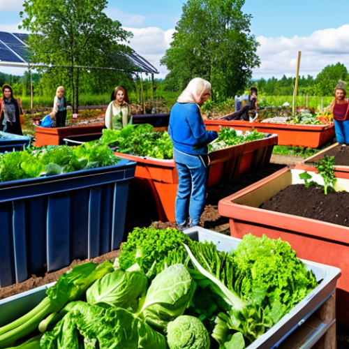 **

"A vibrant community garden in Sweden, showcasing diverse people of all ages working together. Lush green vegetables, composting bins, and solar panels are visible in the background. The scene evokes a sense of shared responsibility and joyful collaboration for a greener future."

**