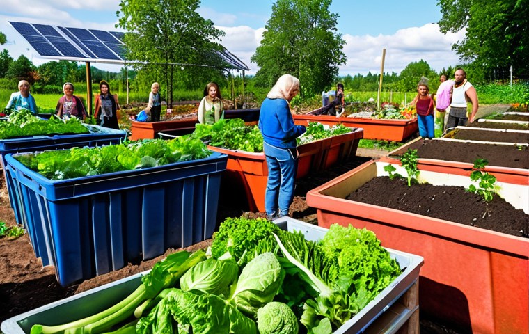 **

"A vibrant community garden in Sweden, showcasing diverse people of all ages working together. Lush green vegetables, composting bins, and solar panels are visible in the background. The scene evokes a sense of shared responsibility and joyful collaboration for a greener future."

**