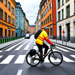 **

A vibrant urban scene featuring a cyclist commuting on a dedicated bike lane in Stockholm. Modern architecture in the background, with clear signage for cyclists. The cyclist is wearing practical, weather-appropriate clothing and using a bike with good lighting. The image should convey safety and convenience.

**