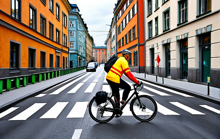 **

A vibrant urban scene featuring a cyclist commuting on a dedicated bike lane in Stockholm. Modern architecture in the background, with clear signage for cyclists. The cyclist is wearing practical, weather-appropriate clothing and using a bike with good lighting. The image should convey safety and convenience.

**