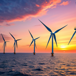 **Wind farm at sunset:** Gigantic wind turbines generating clean energy at sea, with a colorful sunset in the background. Focus on the scale and beauty of offshore wind power.